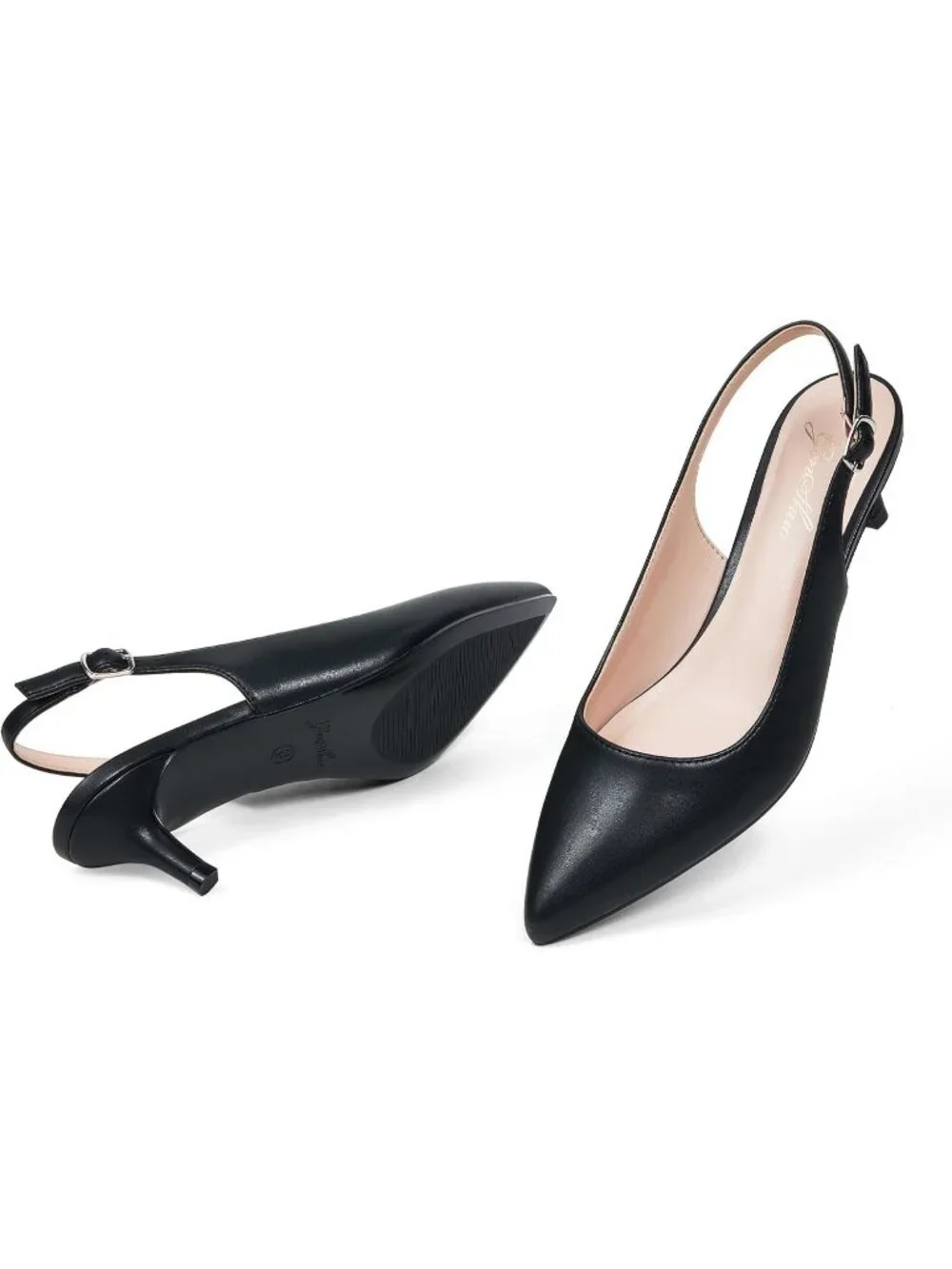 Women's Solid Black Slingback Pump Pointed Closed Toe Low Kitten Heel Shoes